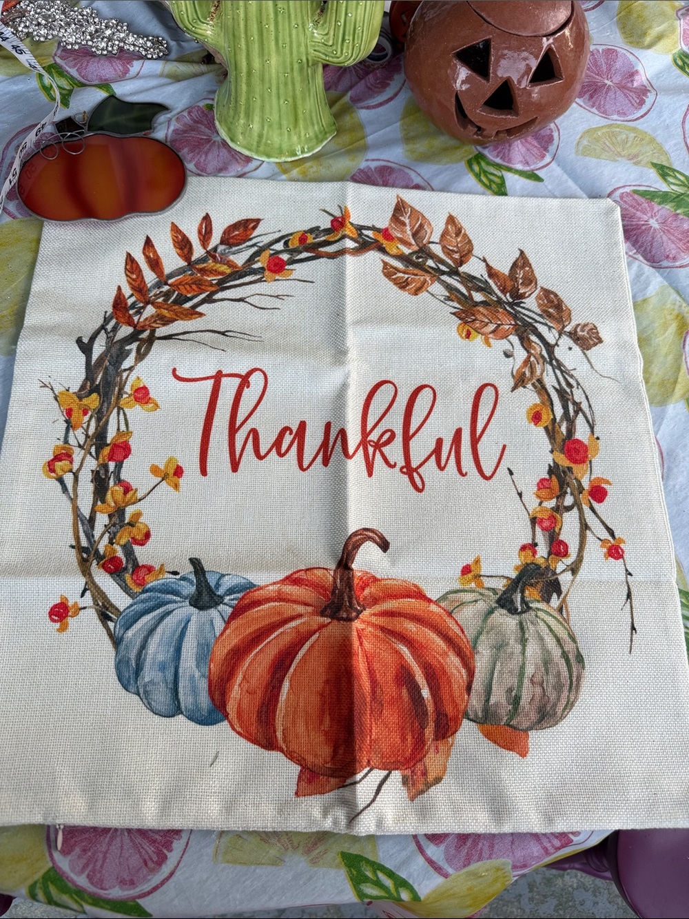 New Thankful Pumpkins & Wreath Pillow Cover 18 x 17.5” zips at bottom